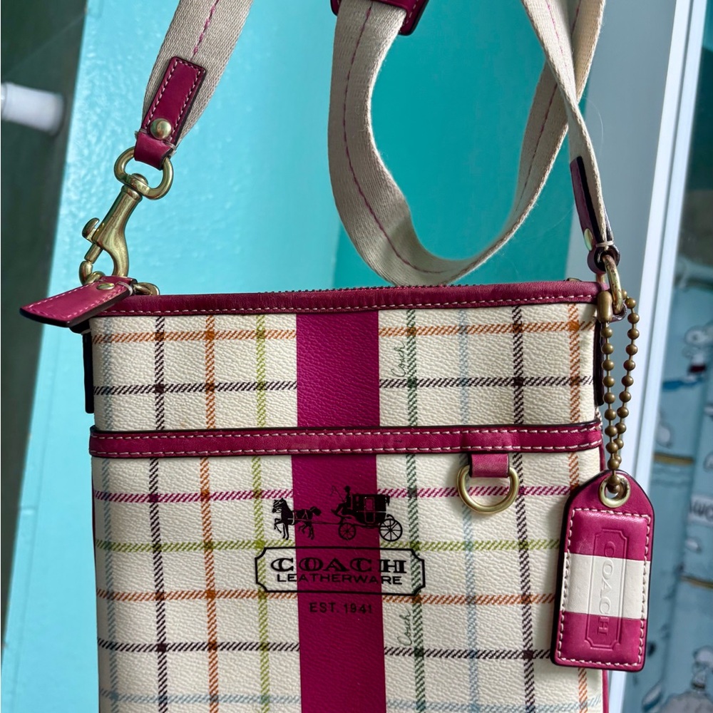 Coach Fuchsia and Cream Plaid Crossbody Bag